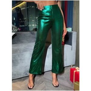 High Waist Metallic Green Holiday Boot Leg Sexy Pants
